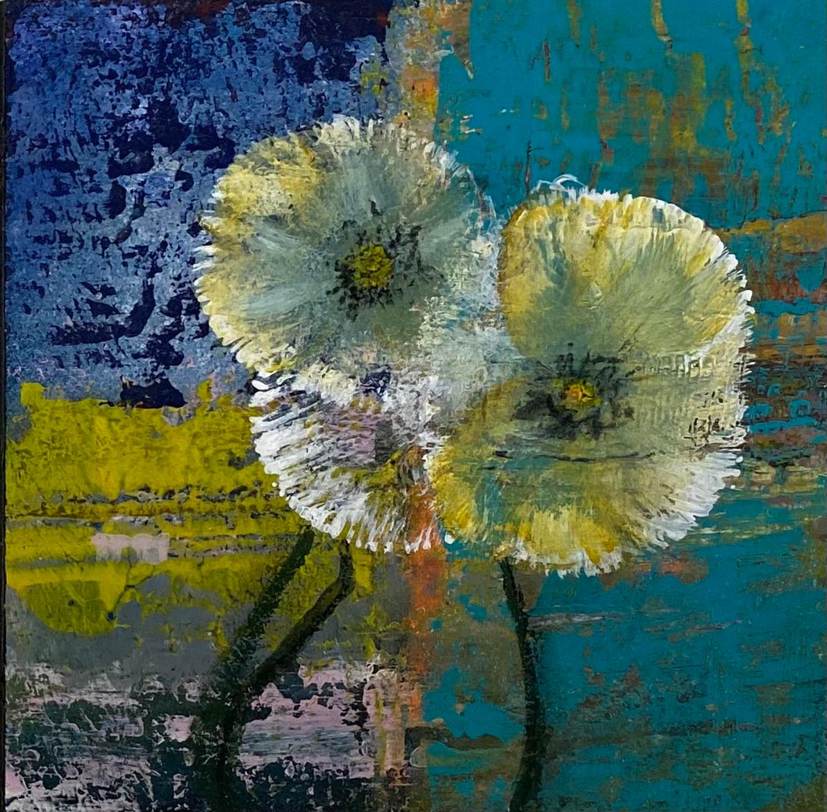 Kleinformat 15 x 15 cm von Angelina W.: zwei weiß-gelbe Pusteblumen vor blau-türkisem Grund