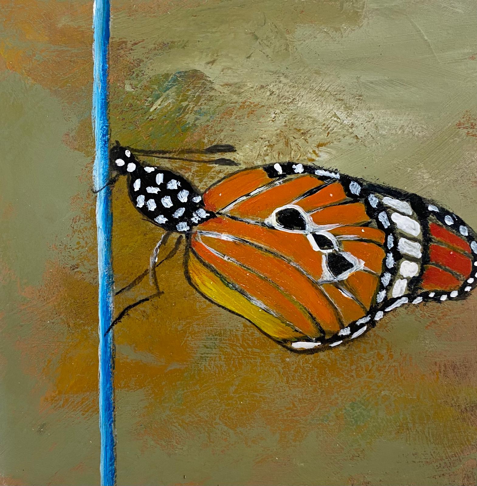Kleinformat 15 x 15 cm von Angelina W.: orange-schwarzer Monarchfalter auf olivgrünem Grund