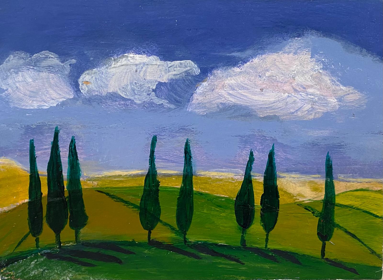 Kleinformat 15 x 15 cm von Angelina W.: Zypressen auf grün-gelben Hügeln unter blauem Wolkenhimmel
